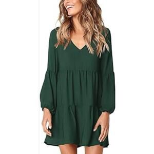 Unbranded Boho forest green long sleeve tiered baby doll dress Size large